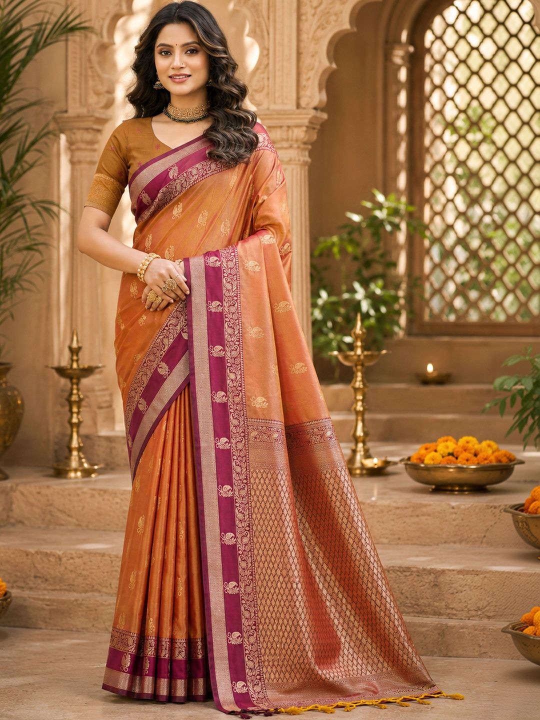 SANGAM PRINTS Woven Design Zari Silk Blend Tussar Saree-picture-8