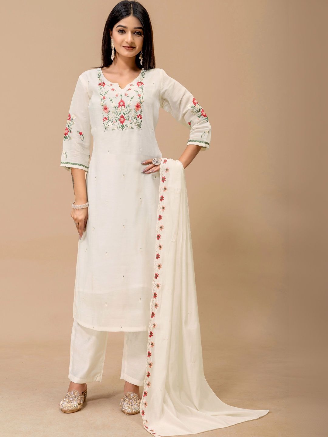 MANVAA Women Floral Embroidered Regular Thread Work Kurta with Trousers & With Dupatta-picture-30