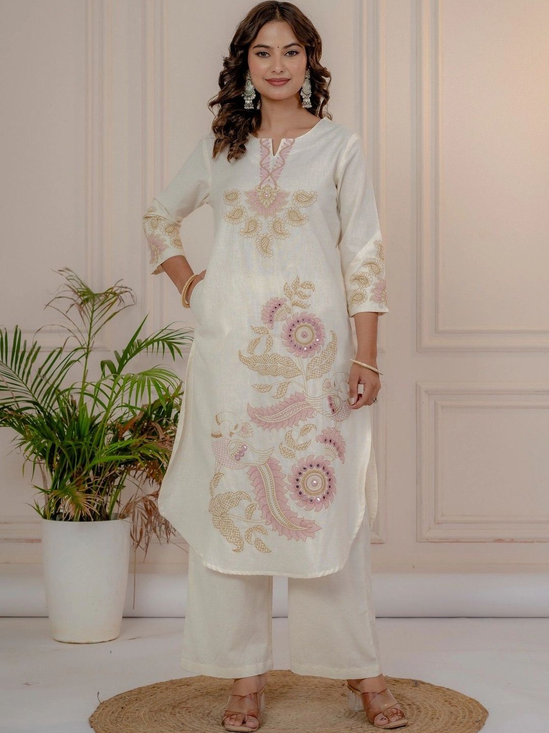 RUSTICWEAVE Women Floral Embroidered Regular Mirror Work Kurta with Palazzos-image-17
