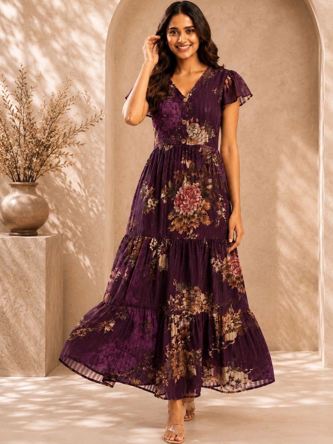 VIRELLE - LUXURY WOMENSWEAR Floral Print Flutter Sleeve Chiffon Maxi Dress-picture-19