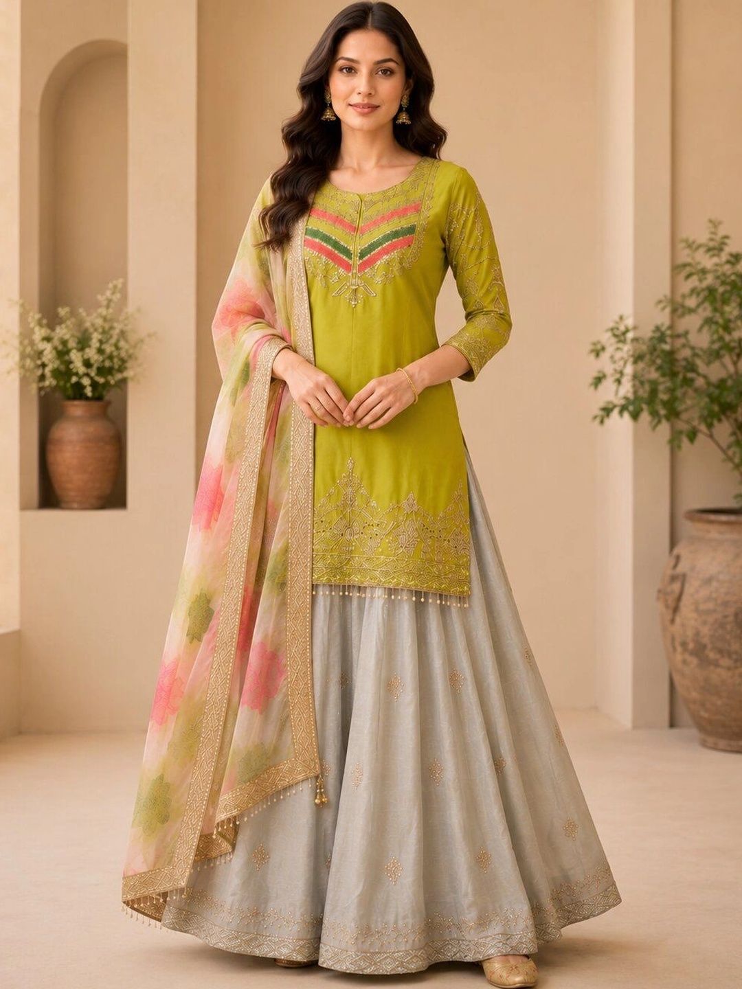 niva fashion Women Floral Embroidered Regular Thread Work Kurta with Sharara & With Dupatta-picture-41