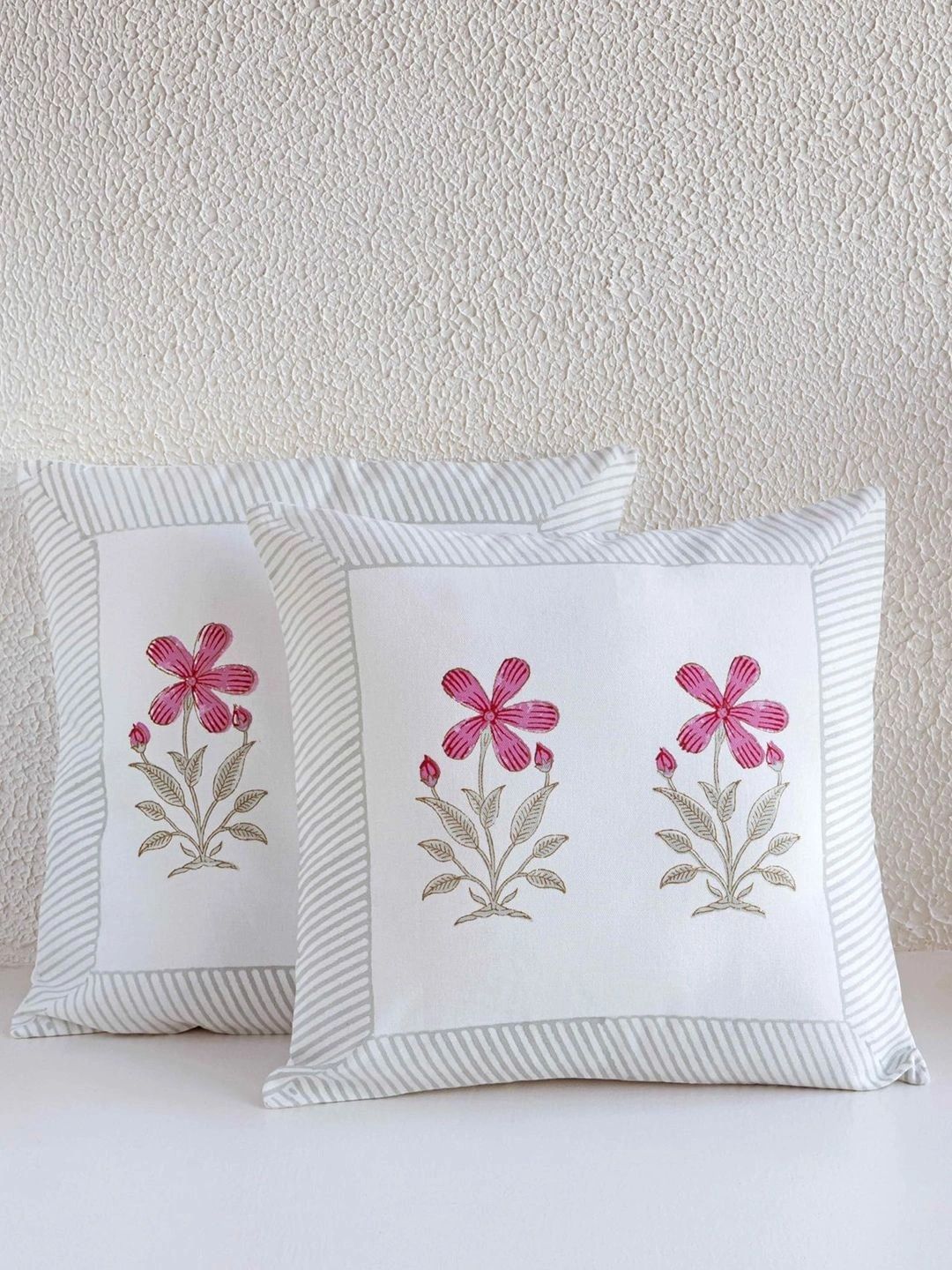Aura White & Grey Set of 2 Floral Square Cushion Covers-image-46