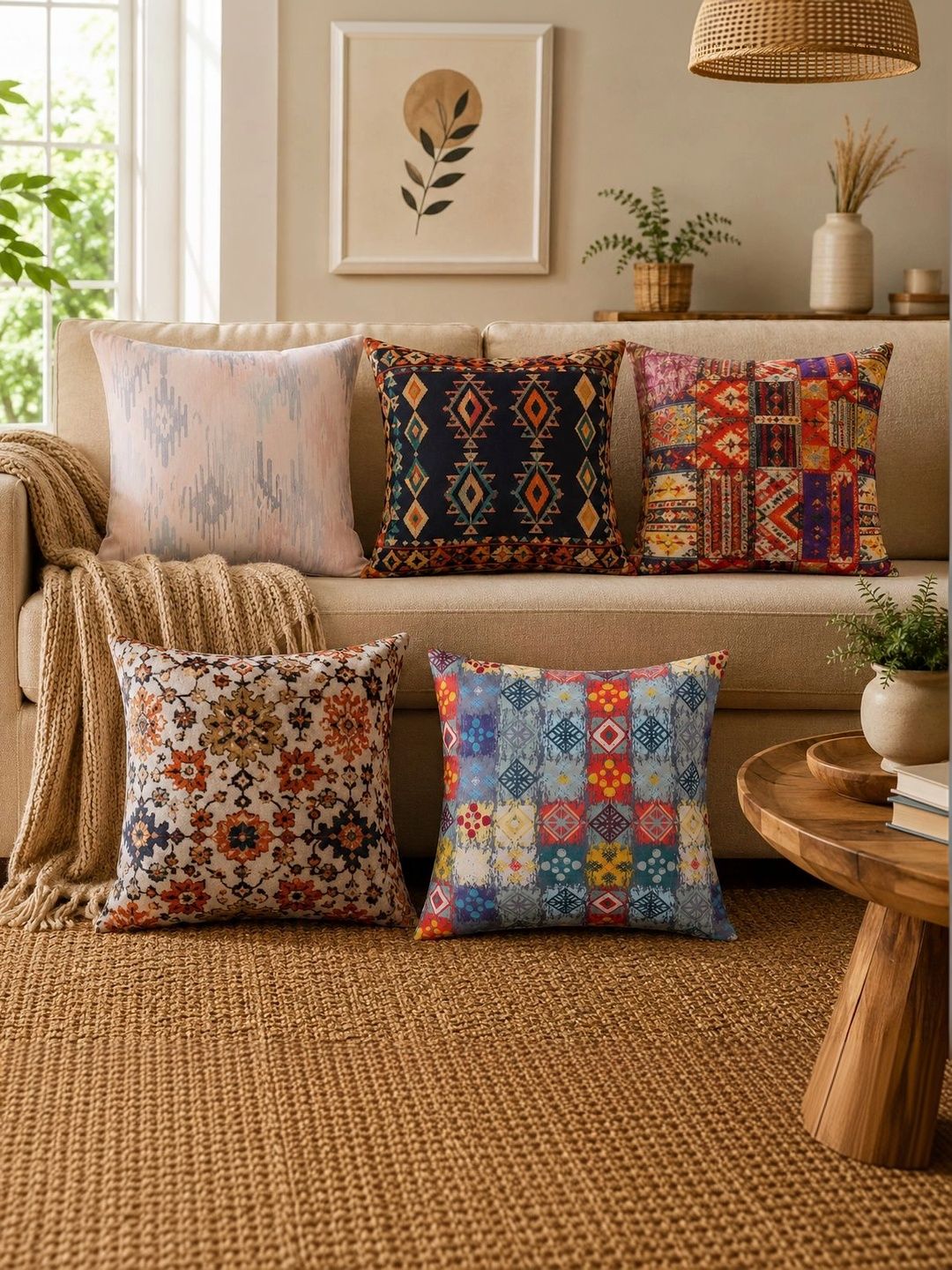 HANDICRAFT PALACE White & Blue Set of 5 Ethnic Motifs Velvet Square Cushion Covers-picture-3