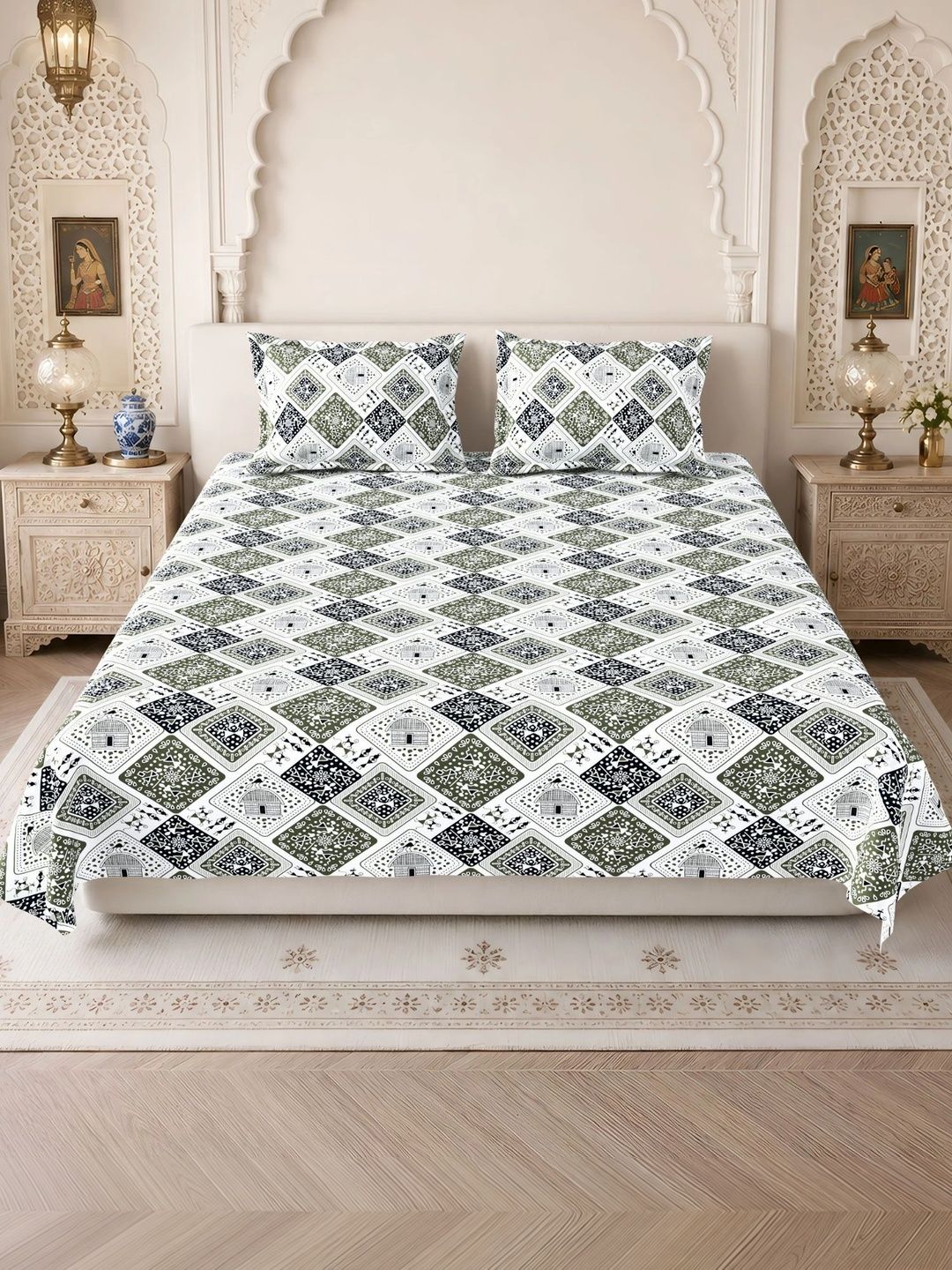Homeful Style White & Green 160 TC Queen Bedsheet with 2 Pillow Covers-picture-1