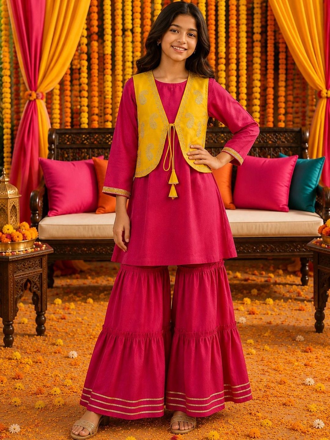 KALINI Girls Ethnic Motifs Regular Pure Silk Kurta with Sharara-picture-22