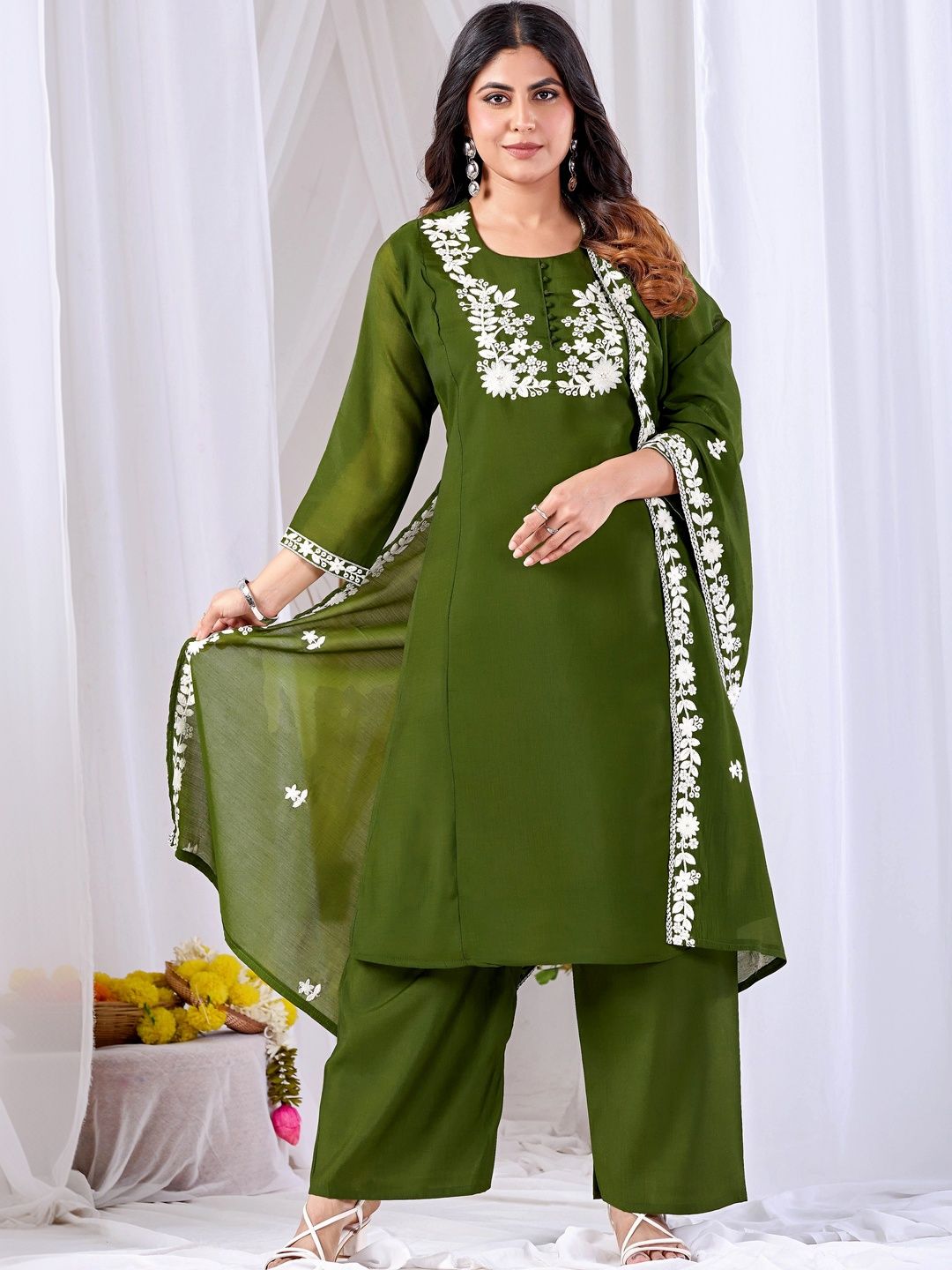 HERE&NOW Women Ethnic Motifs Embroidered Regular Thread Work Kurta with Palazzos & With Dupatta-picture-32