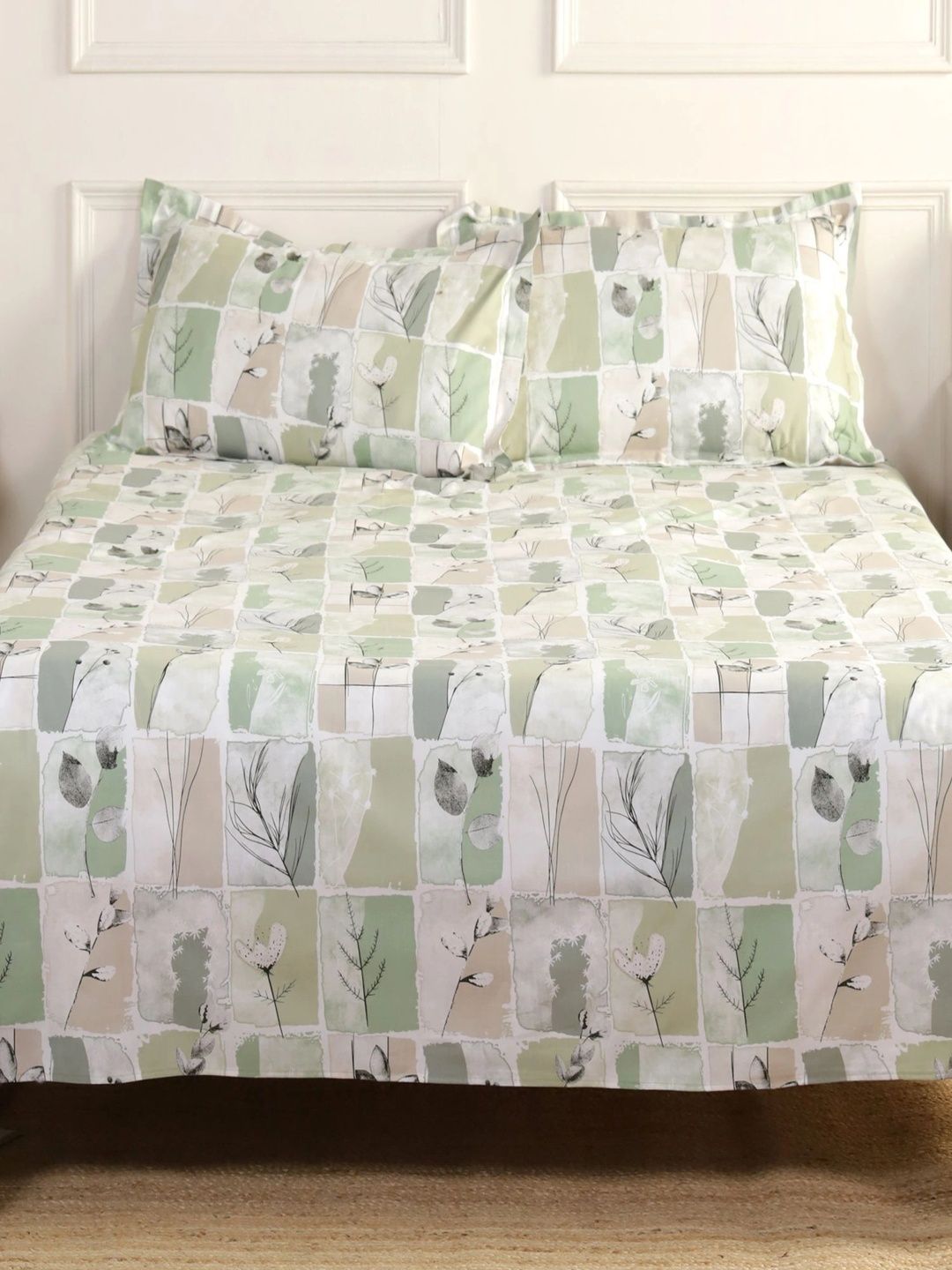 Homeful Style Green & Beige Floral 180 TC King Bedsheet with 2 Pillow Covers-picture-26