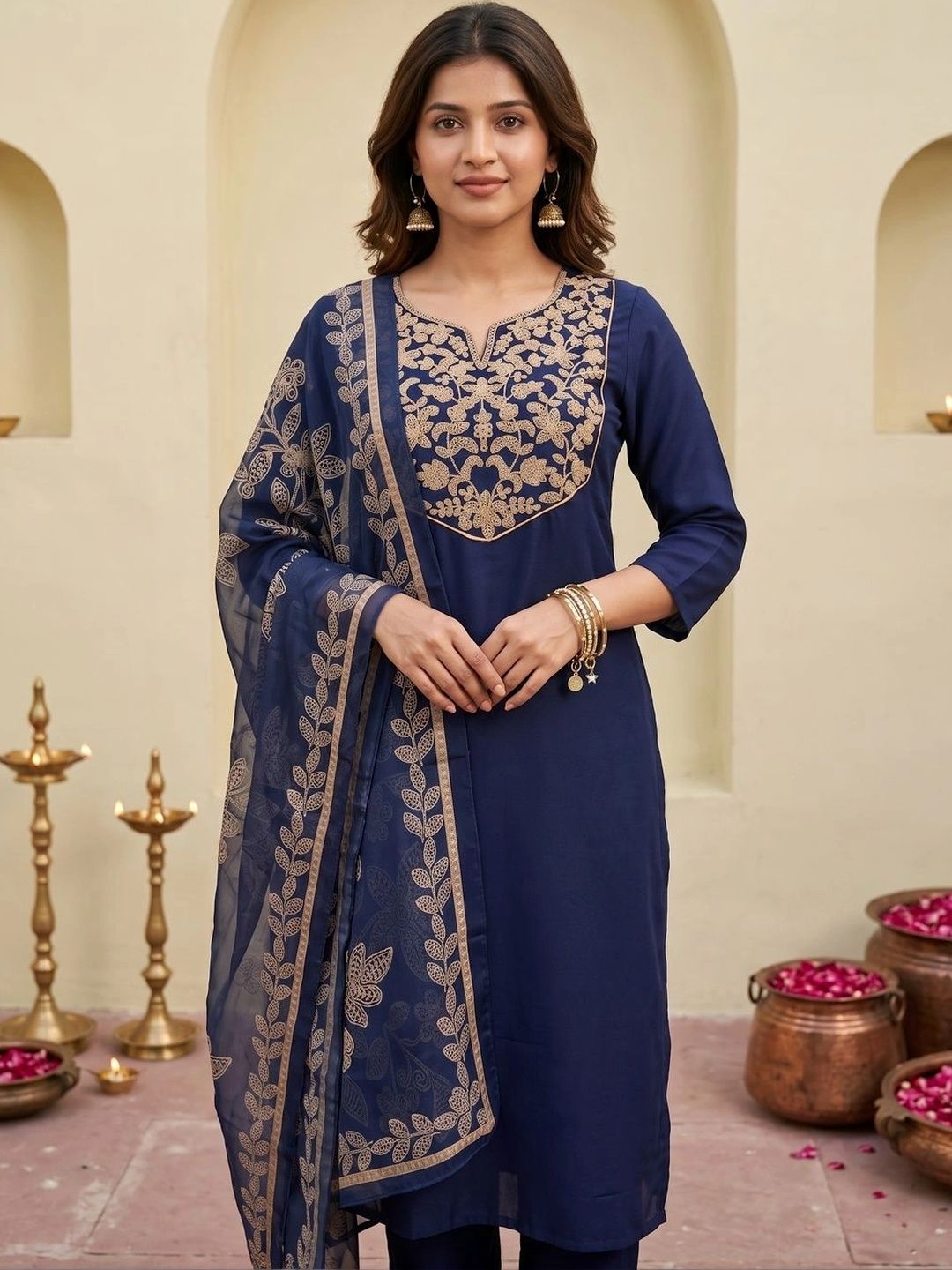 Anouk Women Ethnic Motifs Embroidered Regular Thread Work Kurta with Trousers & With Dupatta-image-38