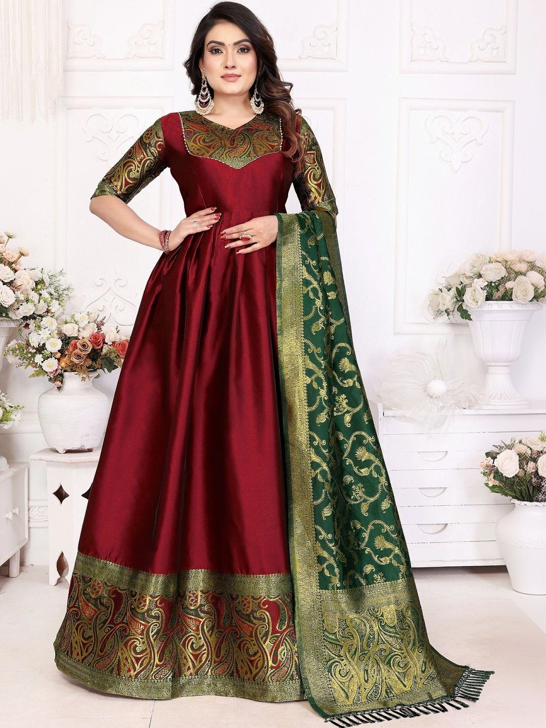 Kinjhit Fashion Woven Design V-Neck Gown Ethnic Dresses With Dupatta-picture-41