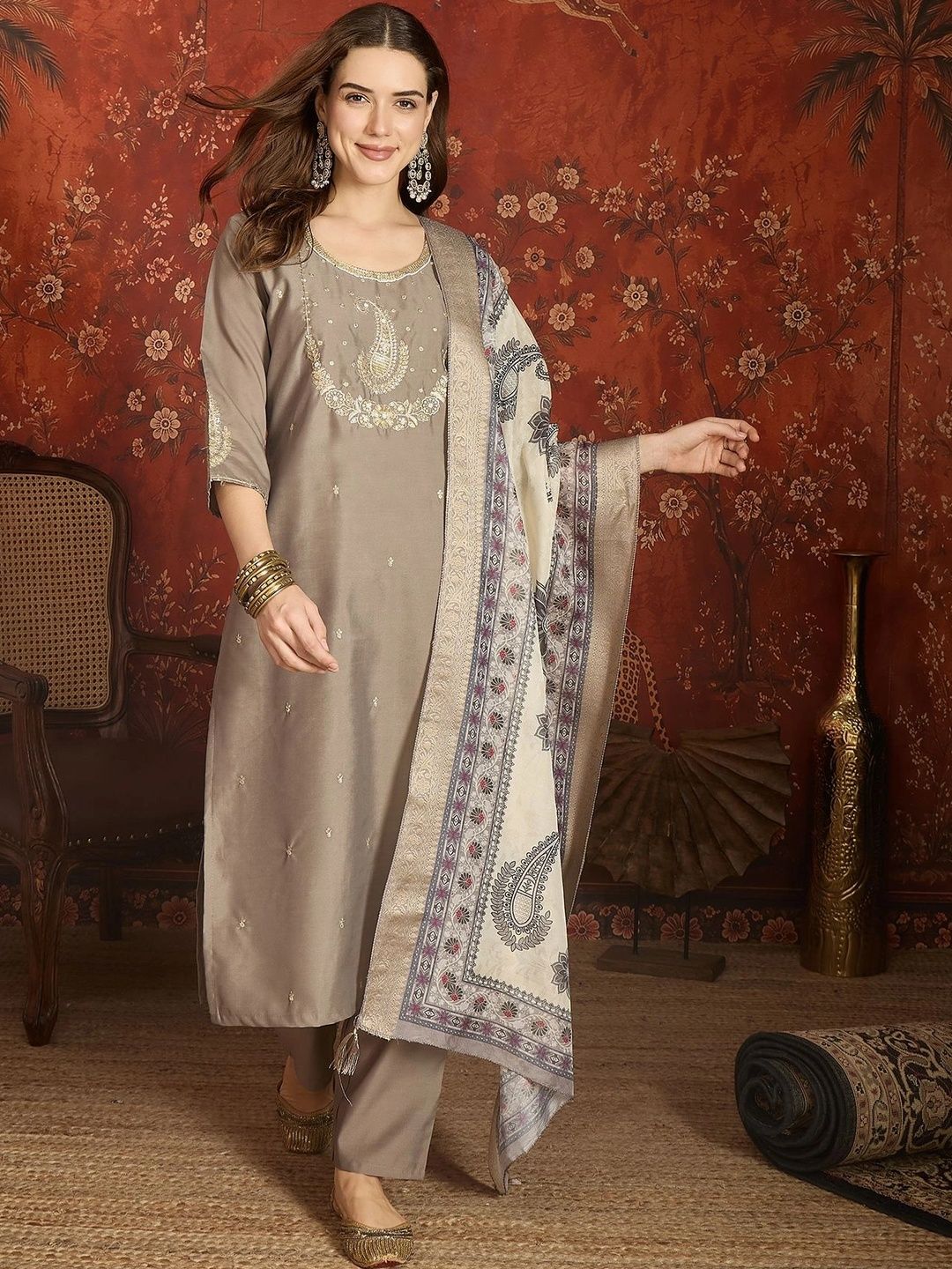 HERE&NOW Women Ethnic Motifs Embroidered Regular Sequinned Linen Kurta with Trousers & With Dupatta-picture-12