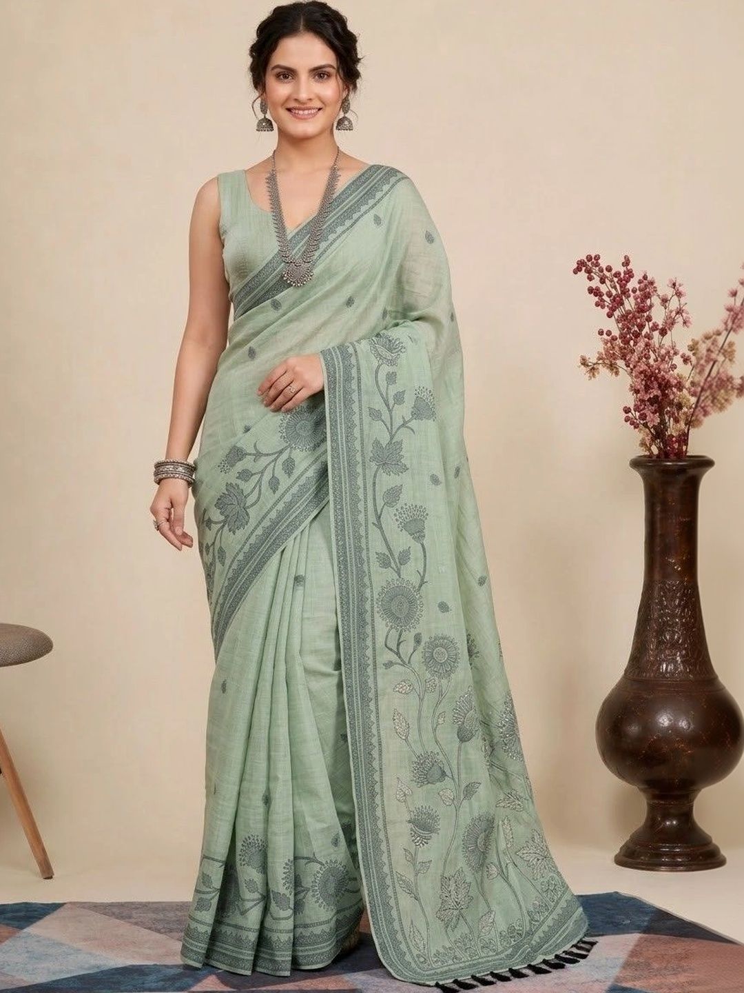 Anouk Floral Embroidered Pure Cotton Jamdani Saree-picture-28