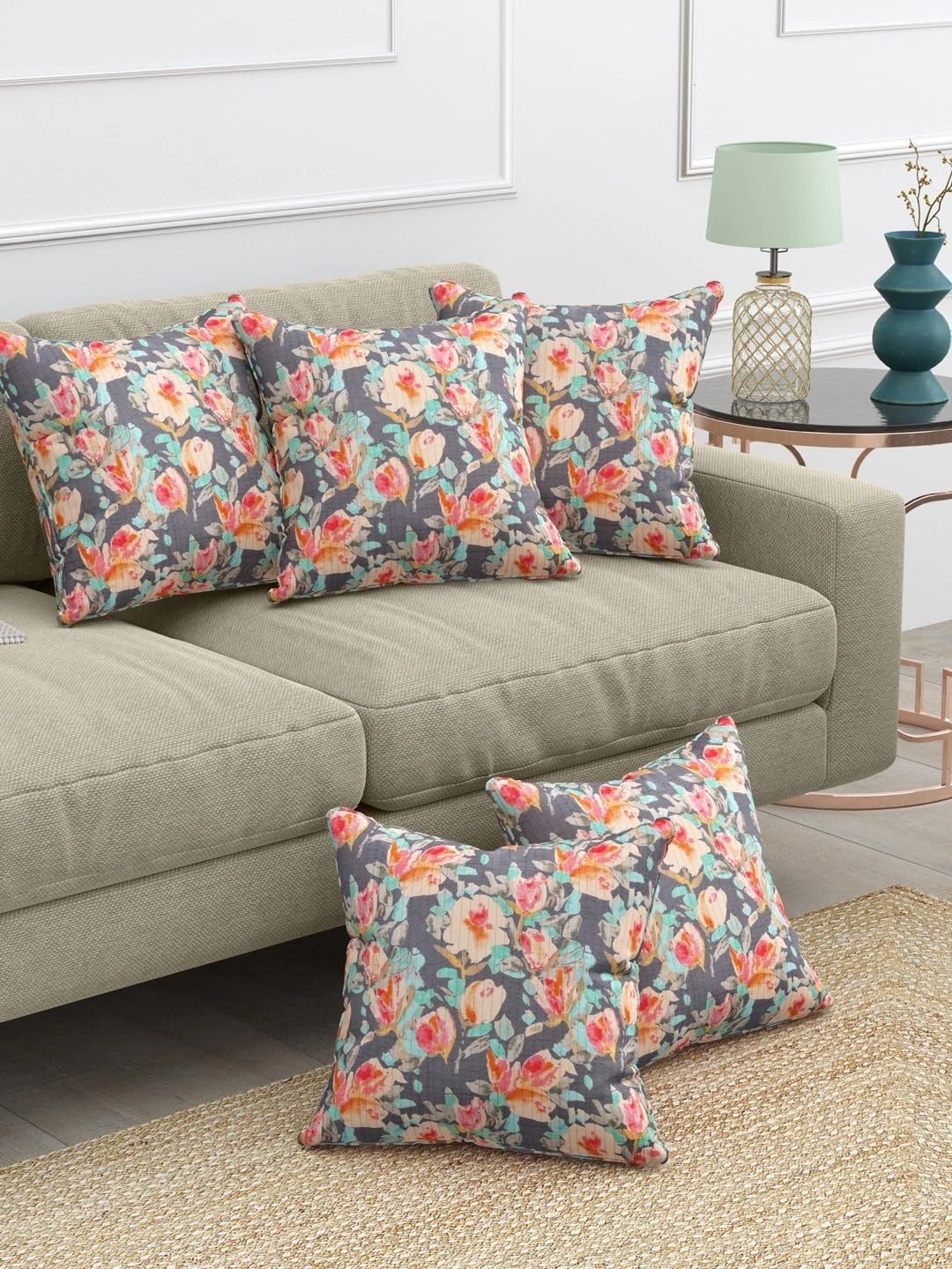 Myntra Elegant Homes Multicoloured Set of 5 Floral Square Cushion Covers-image-24