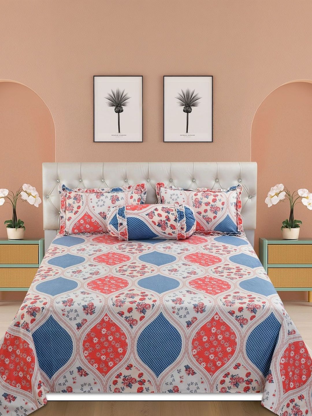 Luxmi Cotton Fabrics Blue & Red Floral 210 TC Bedsheet with 2 Pillow Covers-picture-1