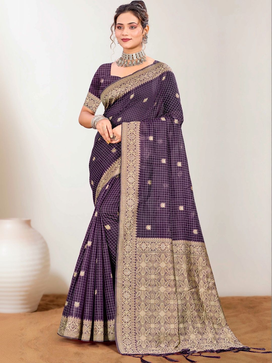 SANGAM PRINTS Woven Design Zari Tussar Saree-picture-5