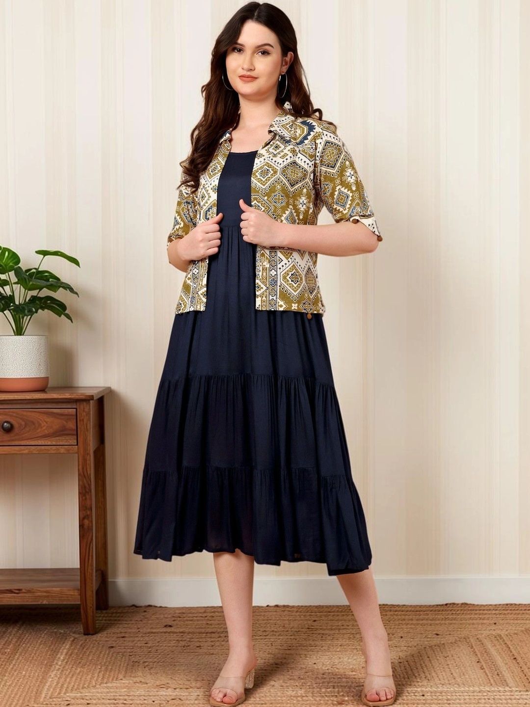 Azira Round-Neck Fit & Flared Tiered Midi Dress With Printed Jacket-image-44