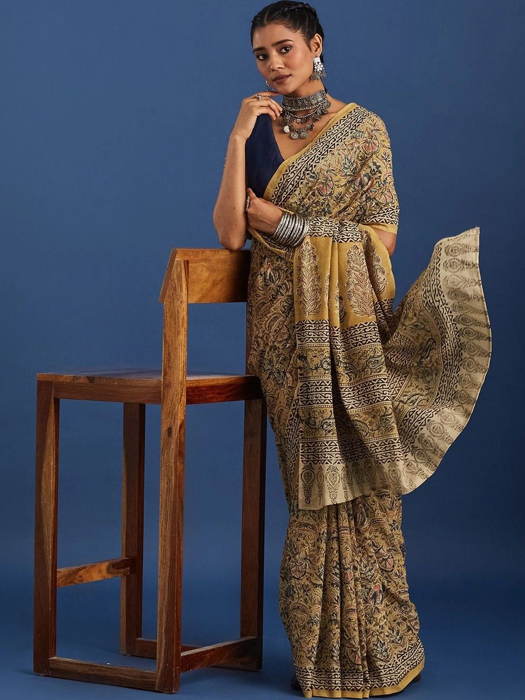Taavi Floral Pure Cotton Block Print Saree-image-48