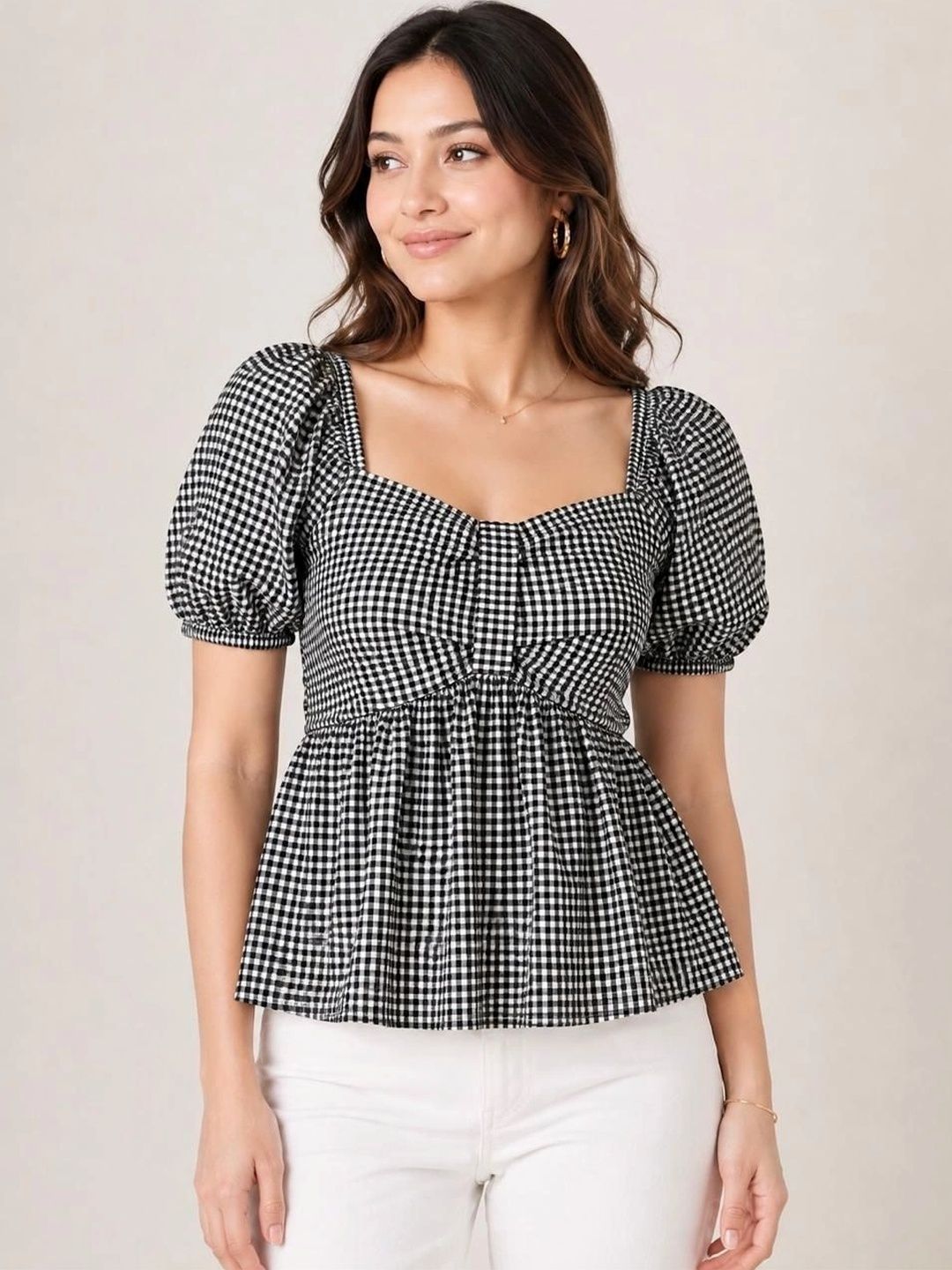 Just Fab Checked Puff Sleeve Peplum Top-picture-15