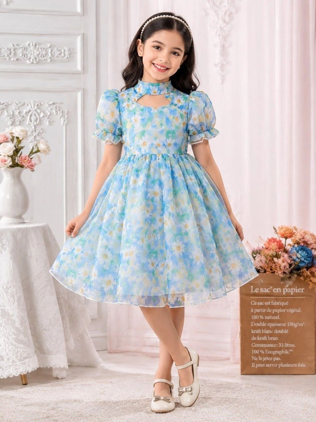 BAESD Floral Print Puff Sleeve Georgette A-Line Dress-picture-33