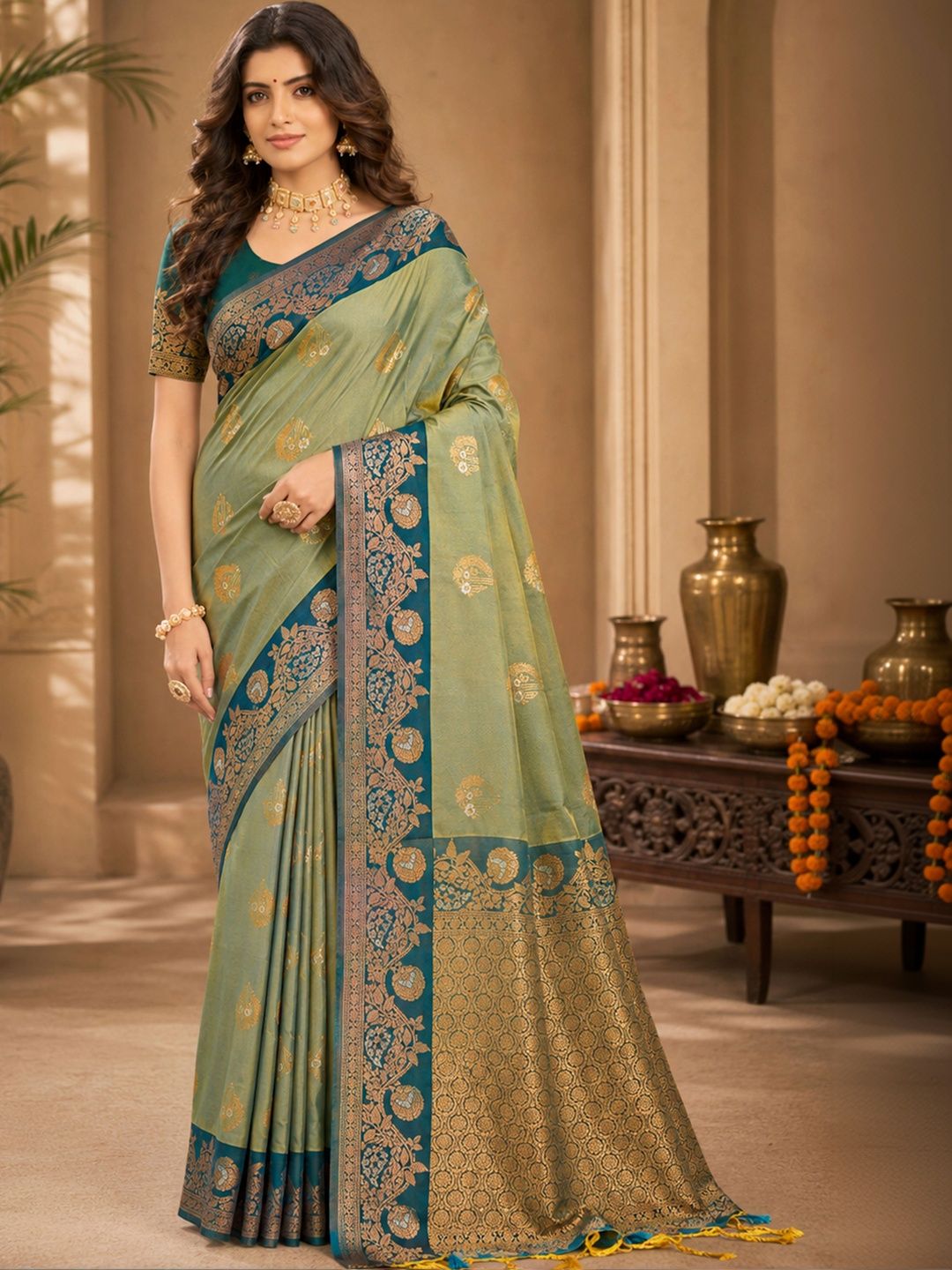 SANGAM PRINTS Zari Silk Blend Tussar Saree-picture-7