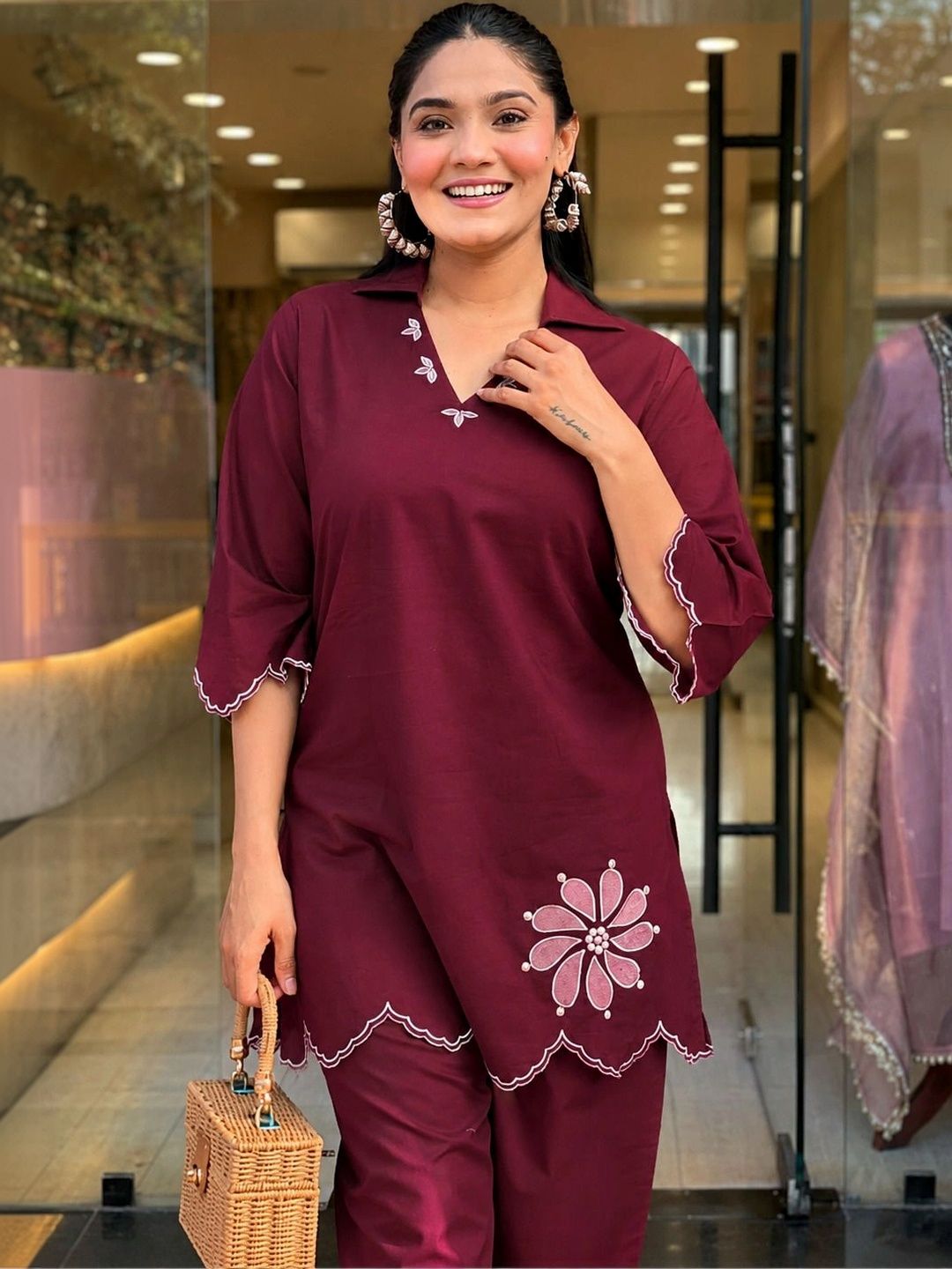 HERE&NOW Women Floral Embroidered Regular Thread Work Kurta with Trousers-picture-42