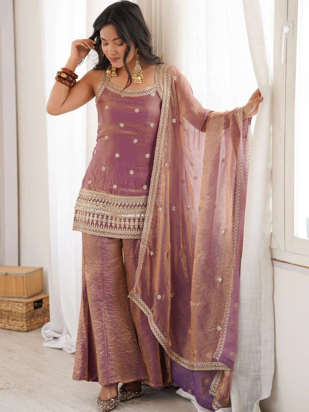 SAJANRE Women Ethnic Motifs Embroidered Regular Kurti with Sharara & With Dupatta-image-18