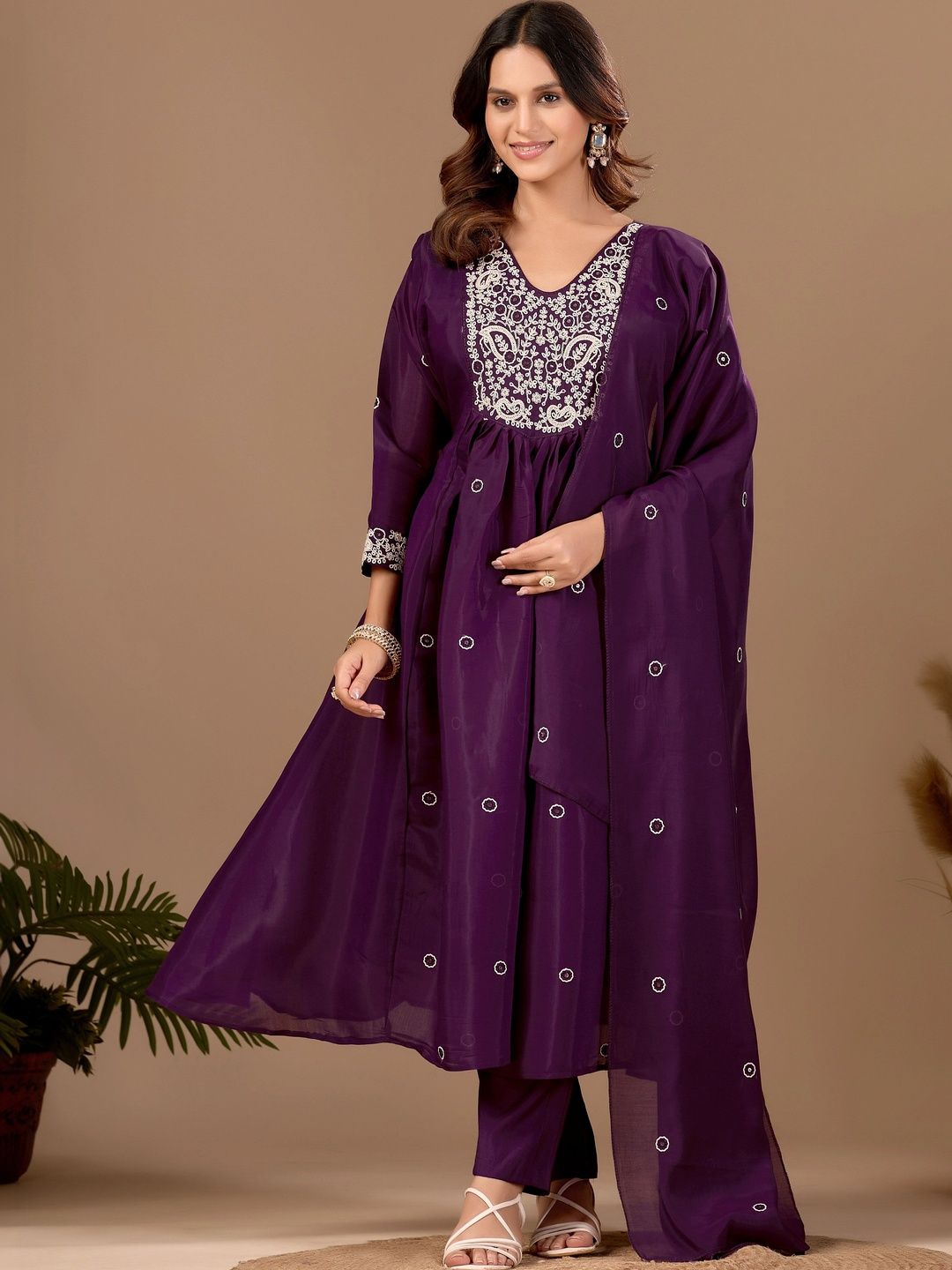 MANVAA Women Ethnic Motifs Embroidered Empire Thread Work Chanderi Cotton Kurta with Trousers & With Dupatta-picture-37