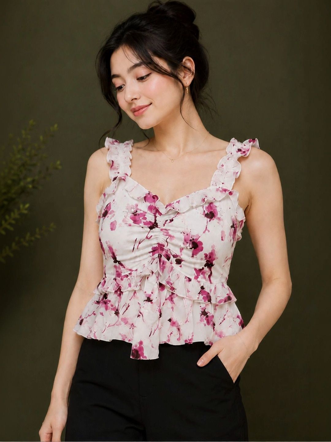 BIRDIE Floral Print Sweetheart Neck Ruffles Georgette Peplum Top-image-27
