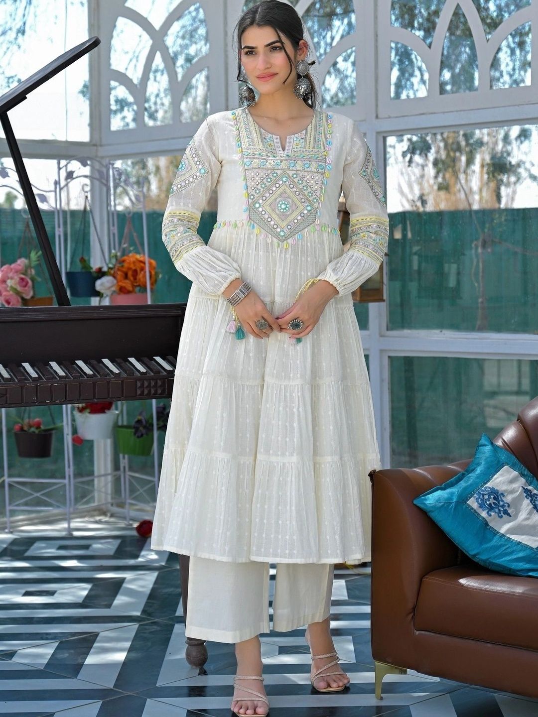 Tankori Women Ethnic Motifs Embroidered Tiered Mirror Work Kurta with Trousers & With Dupatta-image-46