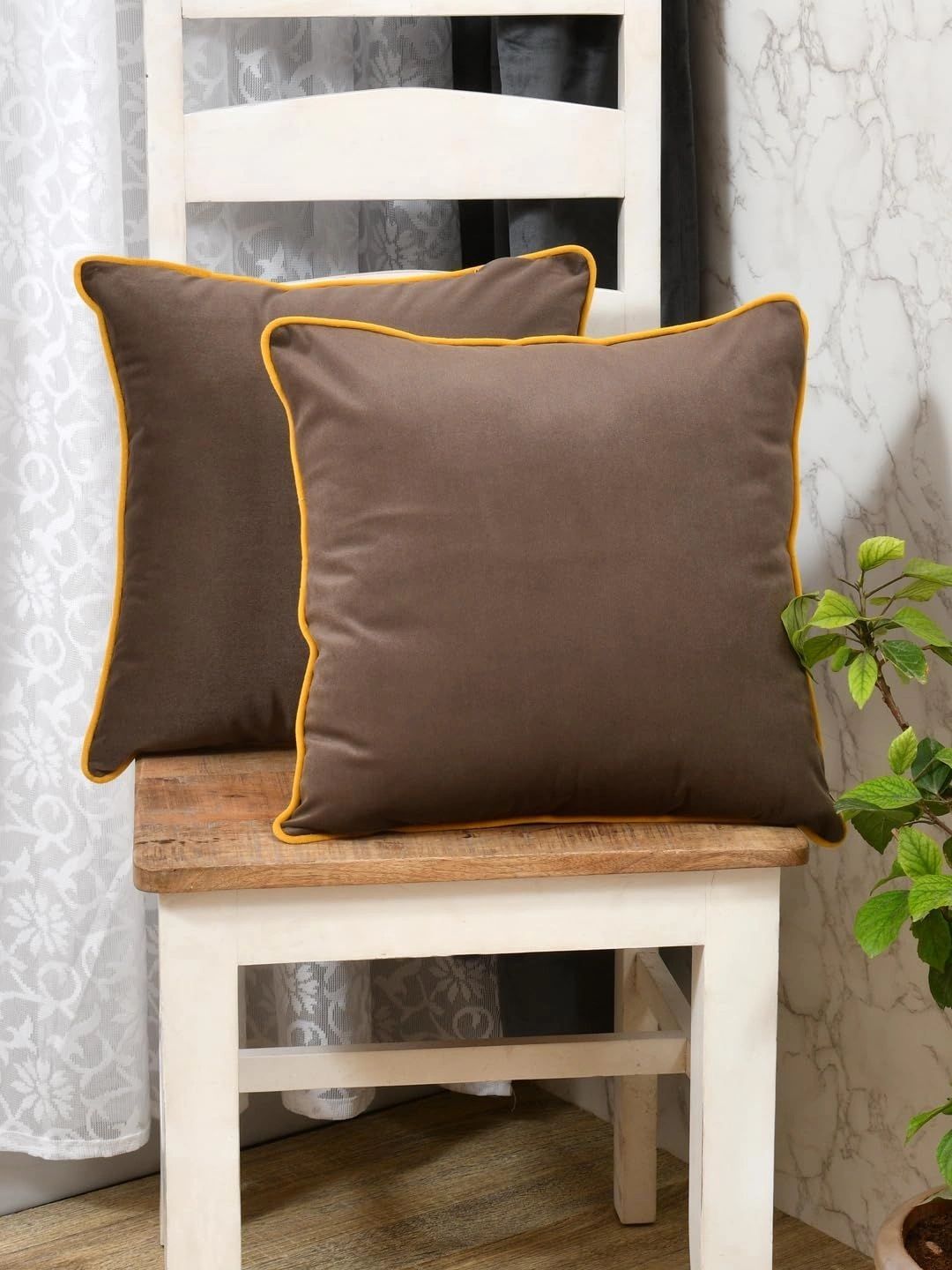 Myntra Elegant Homes Brown & Yellow Set of 2 Velvet Square Cushion Covers-picture-11