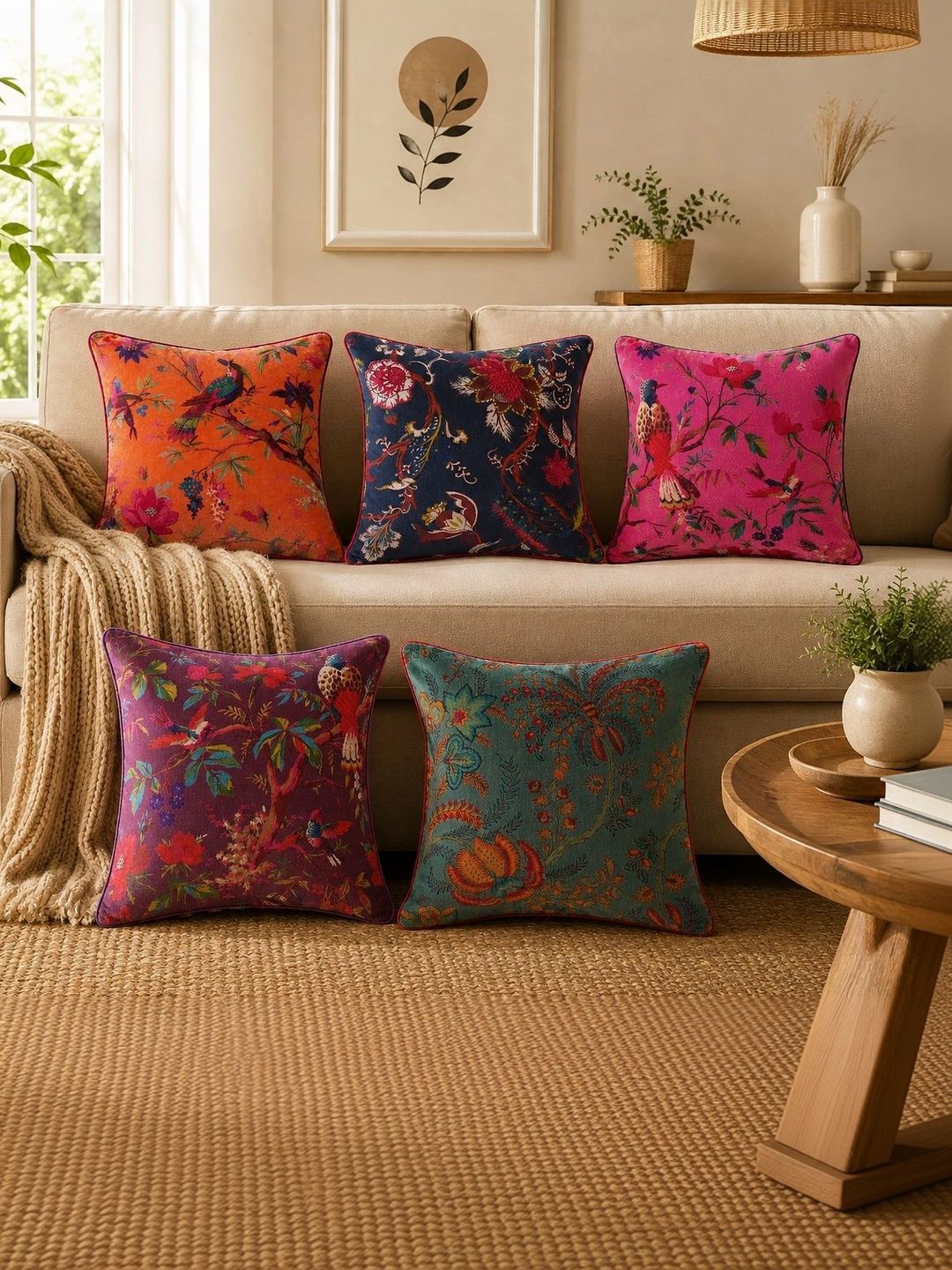 HANDICRAFT PALACE Orange & Pink Set of 5 Floral Velvet Square Cushion Covers-picture-12