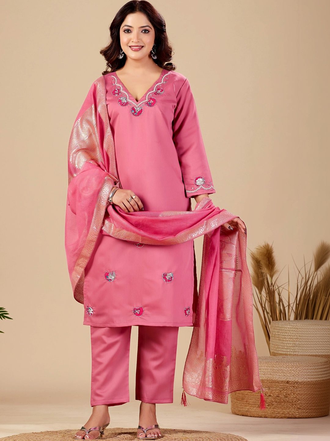 MANVAA Women Ethnic Motifs Embroidered Regular Thread Work Kurta with Trousers & With Dupatta-picture-55