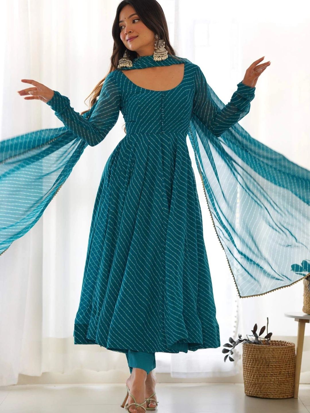HERE&NOW Women Leheriya Dyed Empire Kurta with Trousers & With Dupatta-picture-28