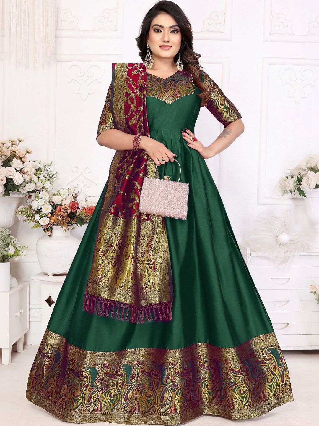 Kinjhit Fashion Woven Design V-Neck Gown Ethnic Dresses With Dupatta-picture-51