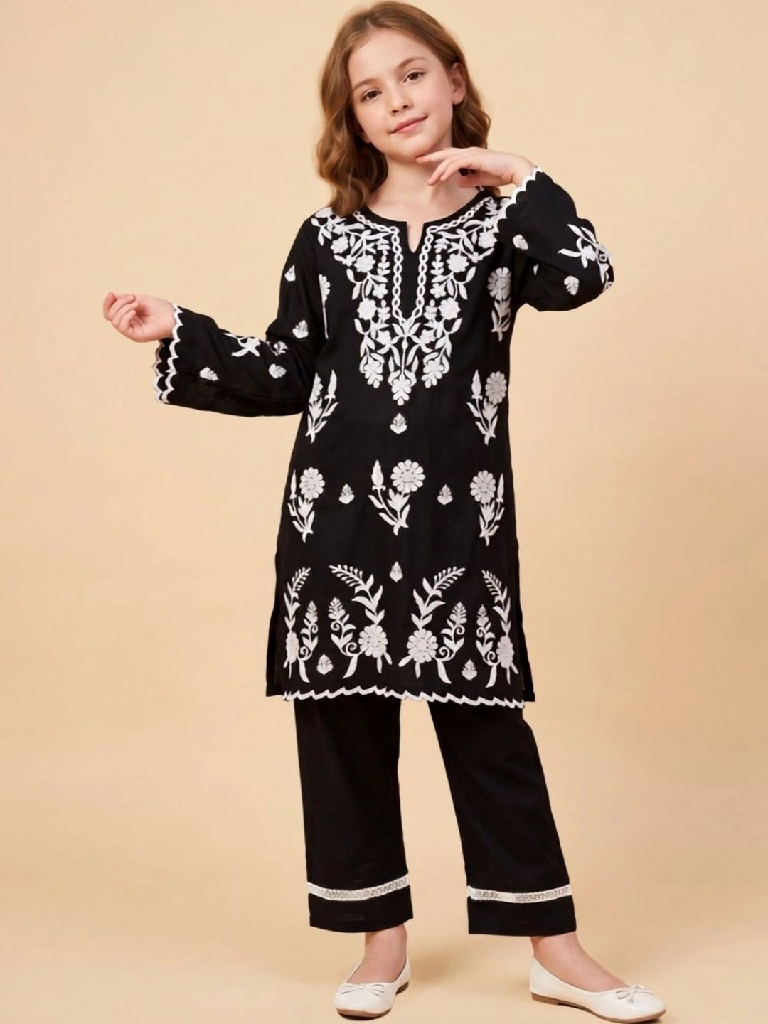 HOUSE OF IQF Girls Floral Embroidered Regular Thread Work Pure Cotton Kurta with Trousers-image-44