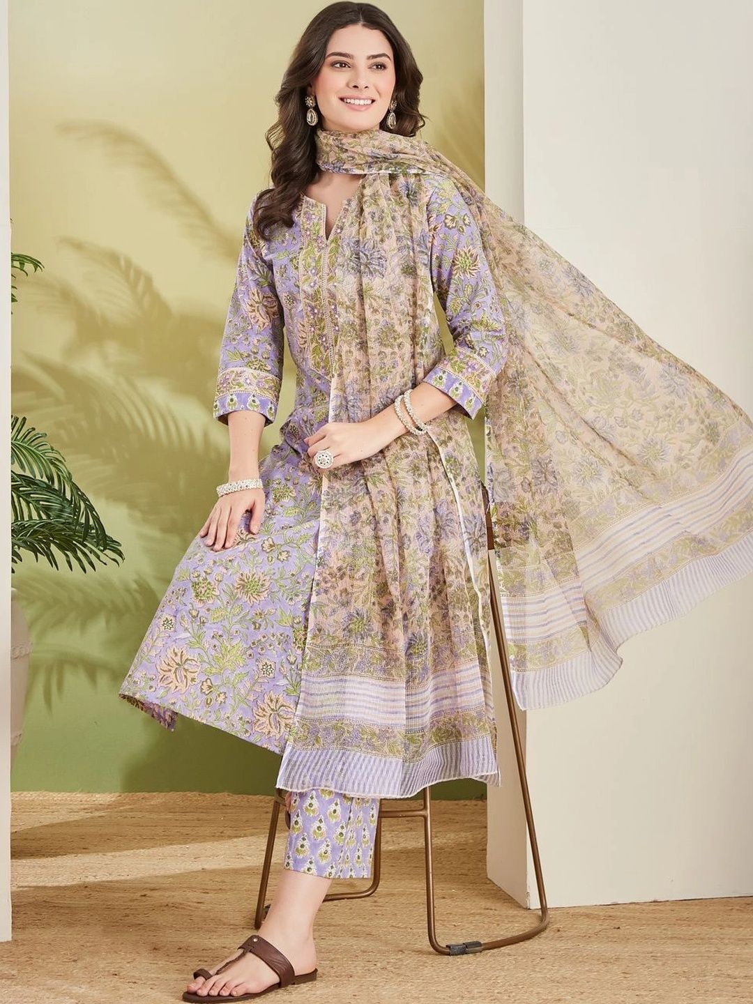 Divena Women Floral Printed Pure Cotton Straight Kurta with Trousers & Dupatta Set-picture-36