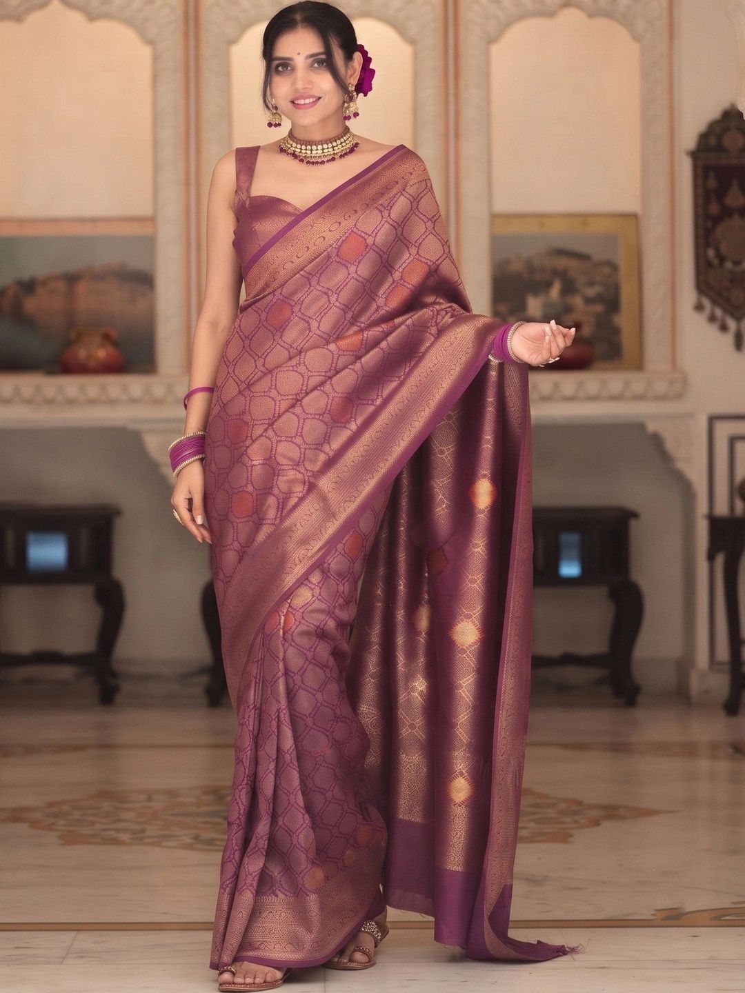 VILLE FASHION Woven Design Zari Art Silk Kanjeevaram Saree-image-47