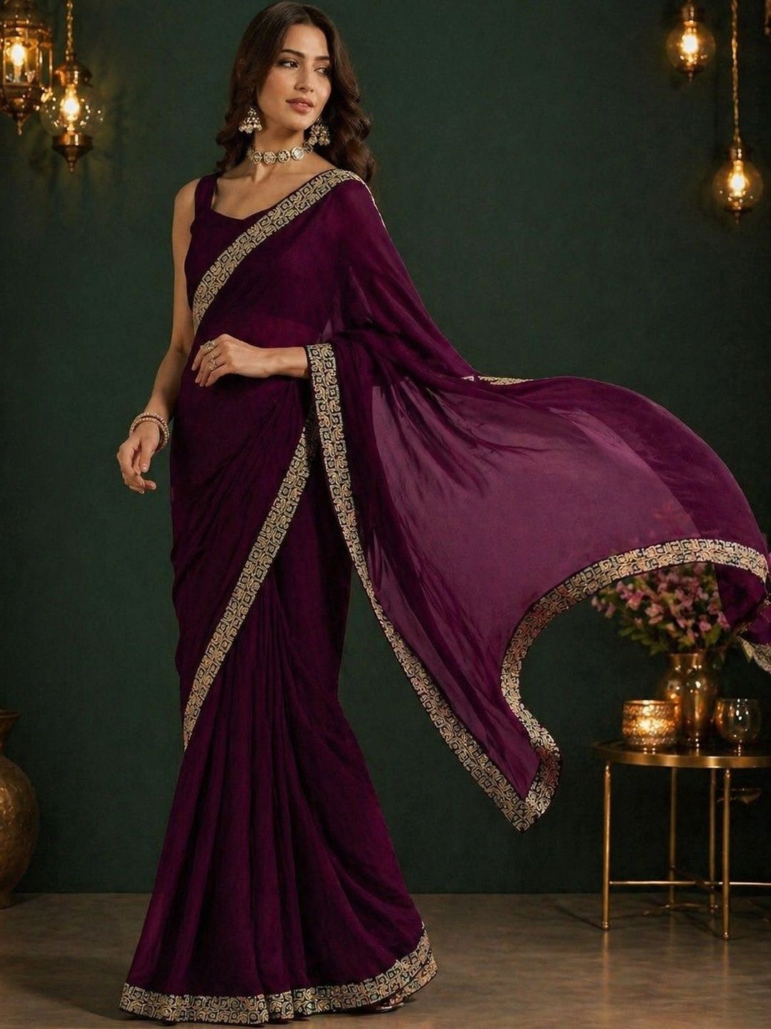 DIVASTRI Embellished Embroidered Satin Fusion Saree-picture-17