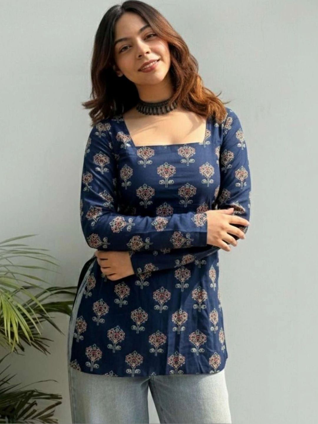 HERE&NOW Ethnic Motifs Printed Square Neck Kurti-picture-52