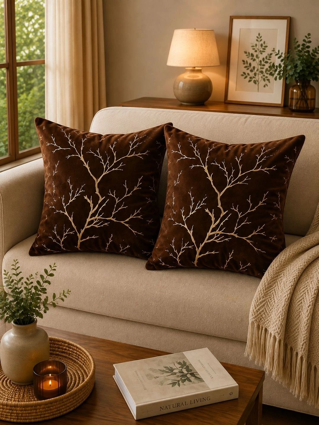 Sawariya Seth Decor Multicoloured & Brown Set of 2 Floral Velvet Square Cushion Covers-picture-16