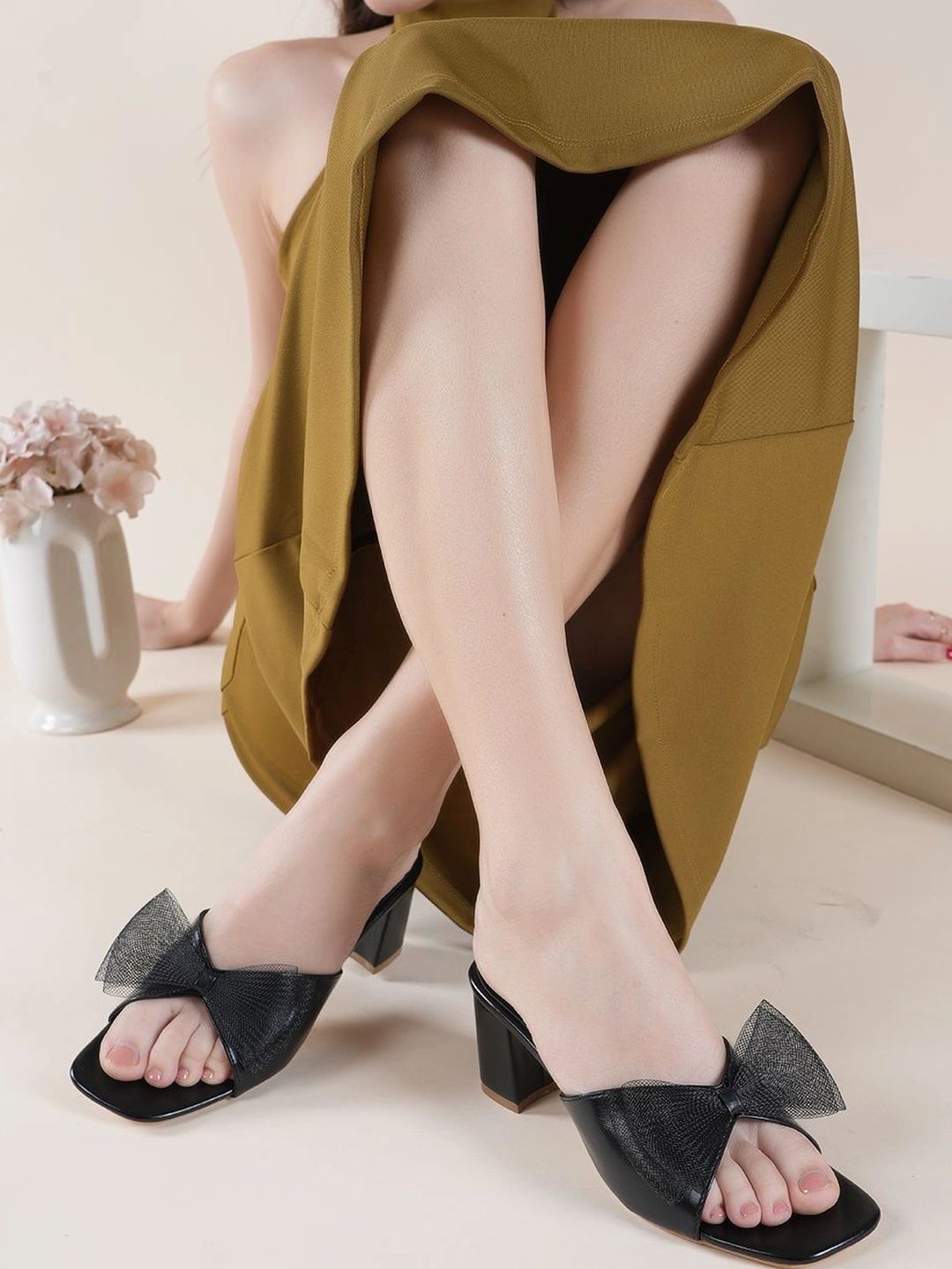 MOZAFIA Textured Block Mules with Bows-picture-10