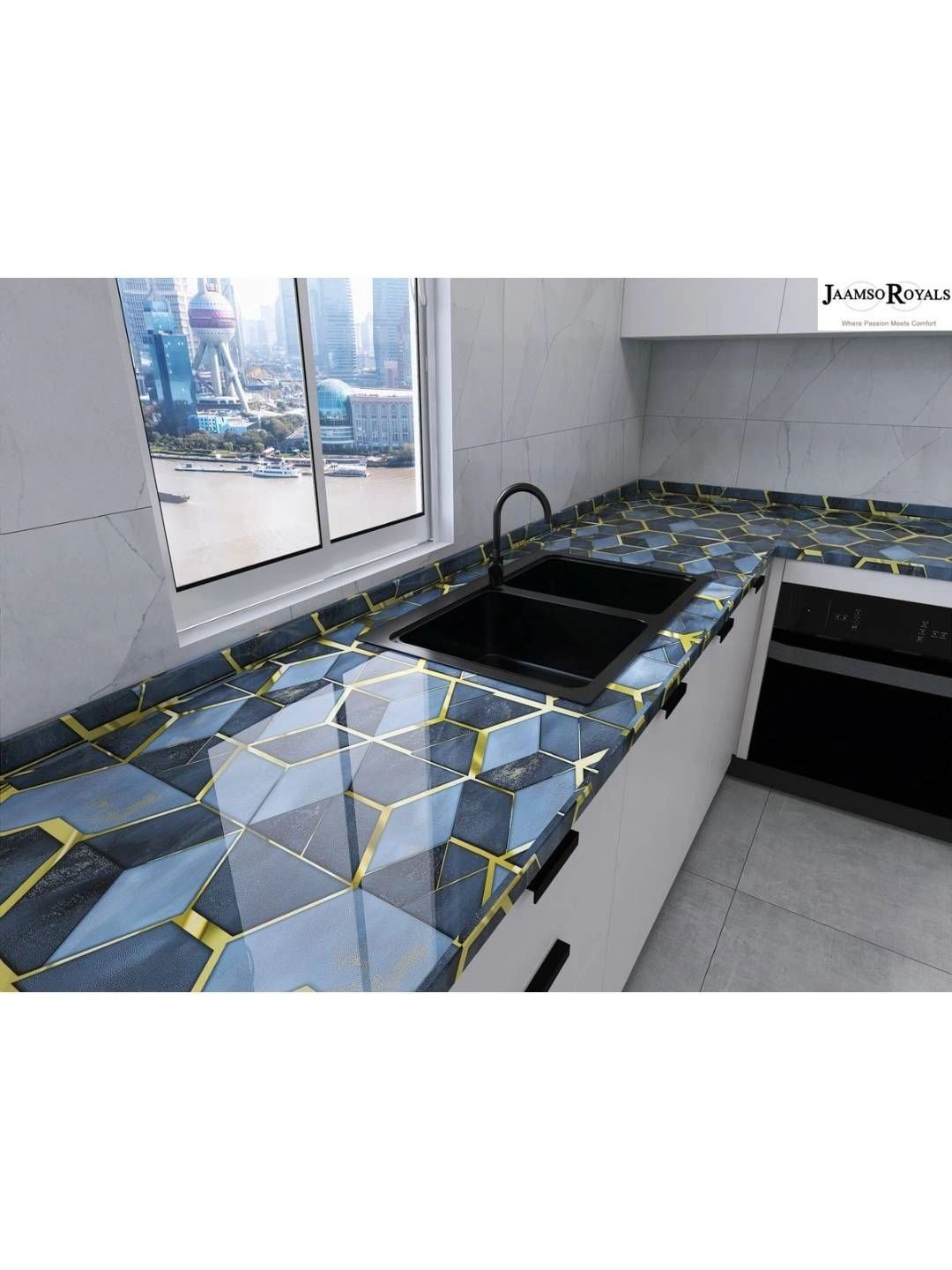 Jaamso Royals Green & Yellow Marble Printed Self Adhesive Kitchen Wall Stickers-picture-19