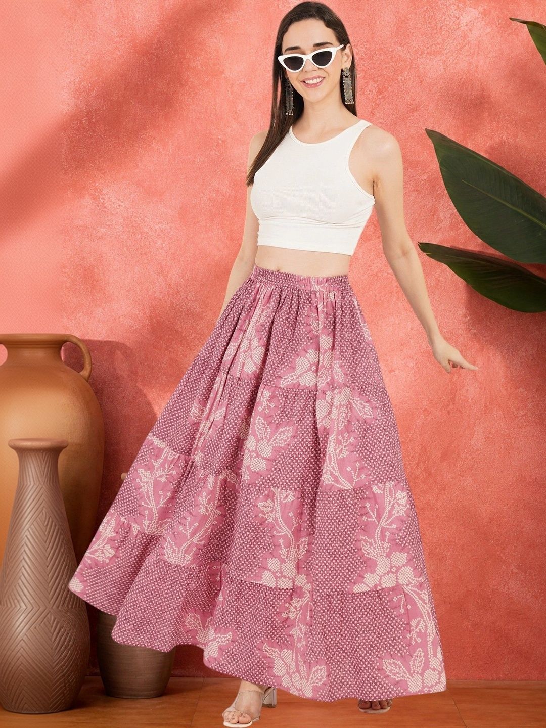 Sangria Women Pure Cotton Blend Cotton Cambric Floral Tiered Maxi Flared Skirt-picture-58