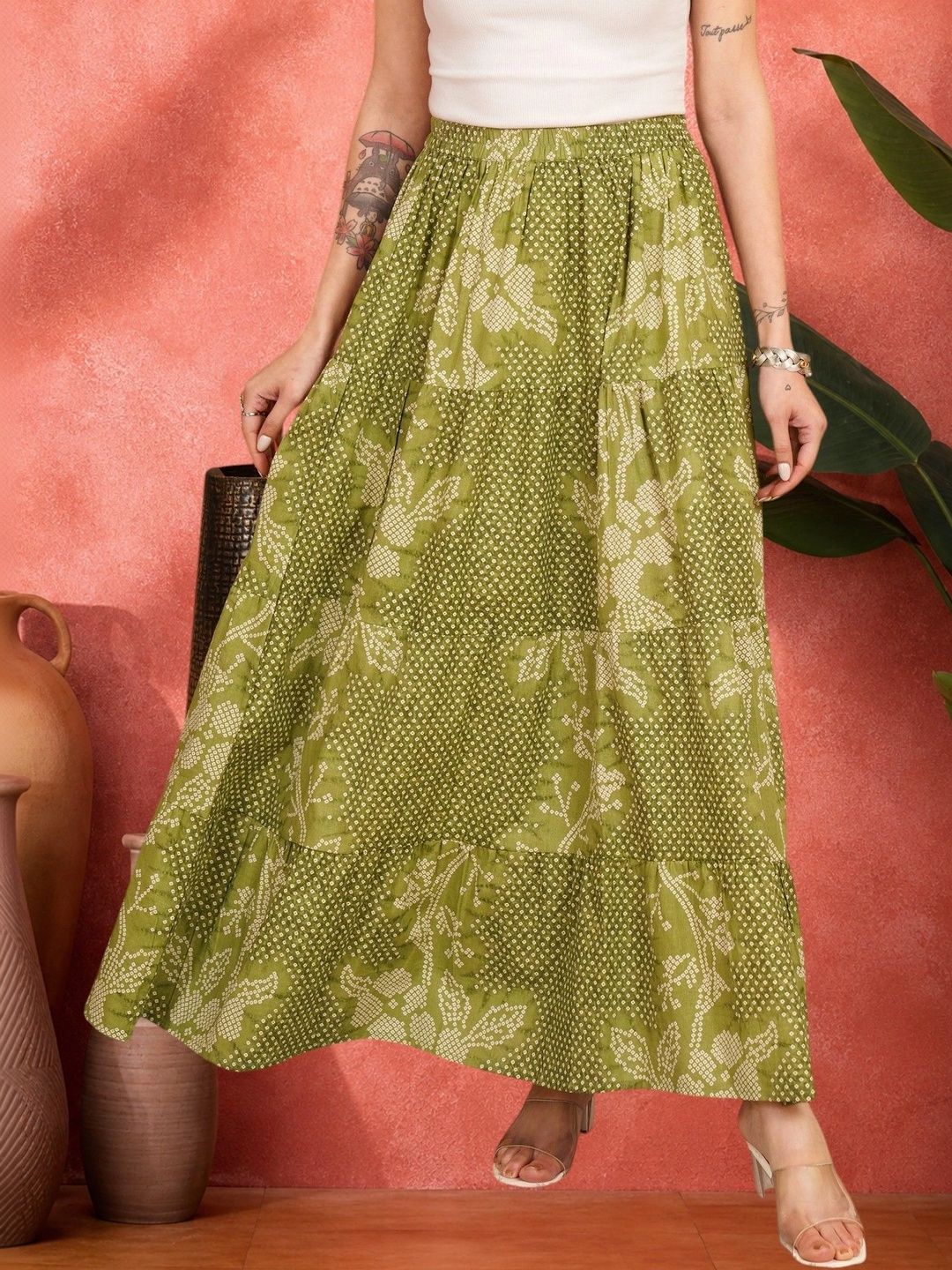 Sangria Women Pure Cotton Blend Cotton Cambric Floral Tiered Maxi Tiered Skirt-picture-45