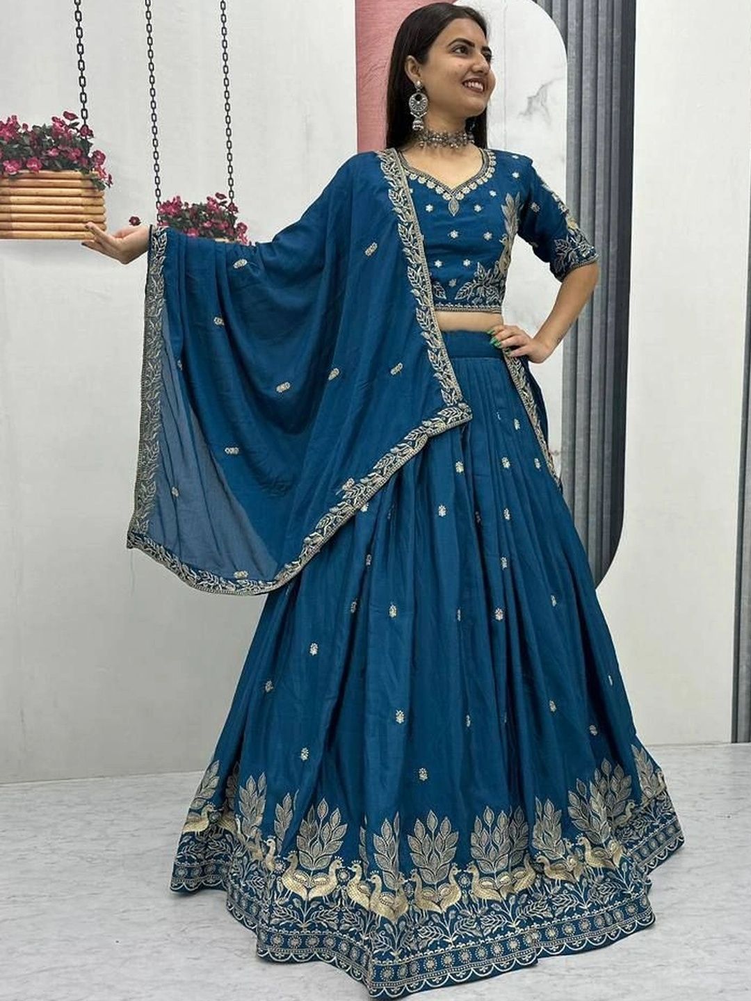 DEVANGI VASTRA Embroidered Thread Work Ready to Wear Lehenga & Unstitched Blouse With Dupatta-image-39