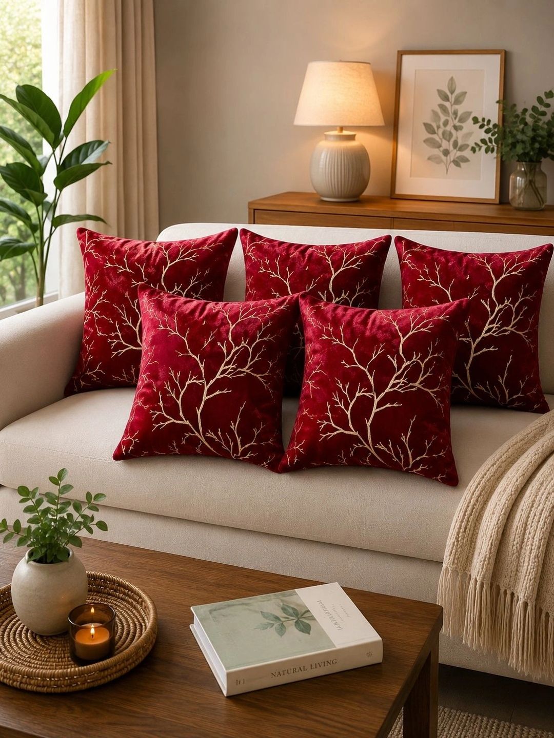 Sawariya Seth Decor Multicoloured & Red Set of 5 Velvet Square Cushion Covers-image-11