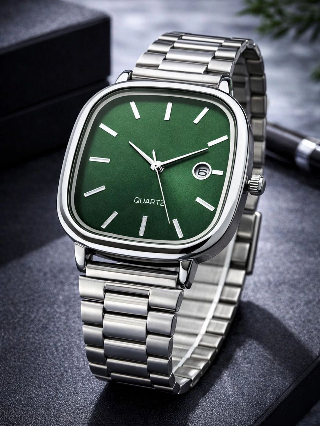 TREX Men Brass Dial & Stainless Steel Bracelet Style Straps Analogue Date Aperture Watch GREEN-CSO-picture-3