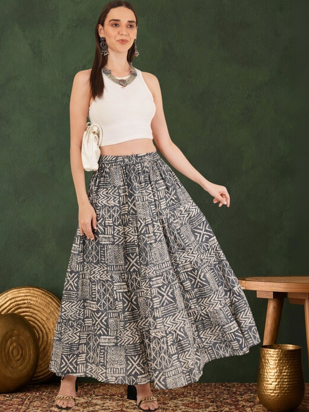Sangria Women Pure Cotton Blend Cotton Cambric Geometric Tribal or Aztec Print Maxi Tiered Skirt-picture-40