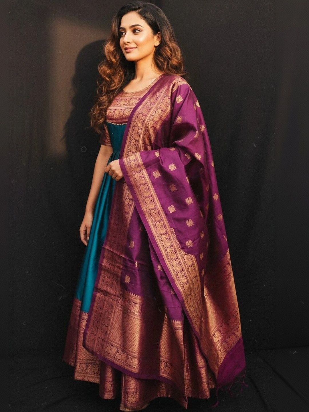 Kinjhit Fashion Woven Design Round Neck Fit & Flare Maxi Ethnic Dress With Dupatta-picture-20