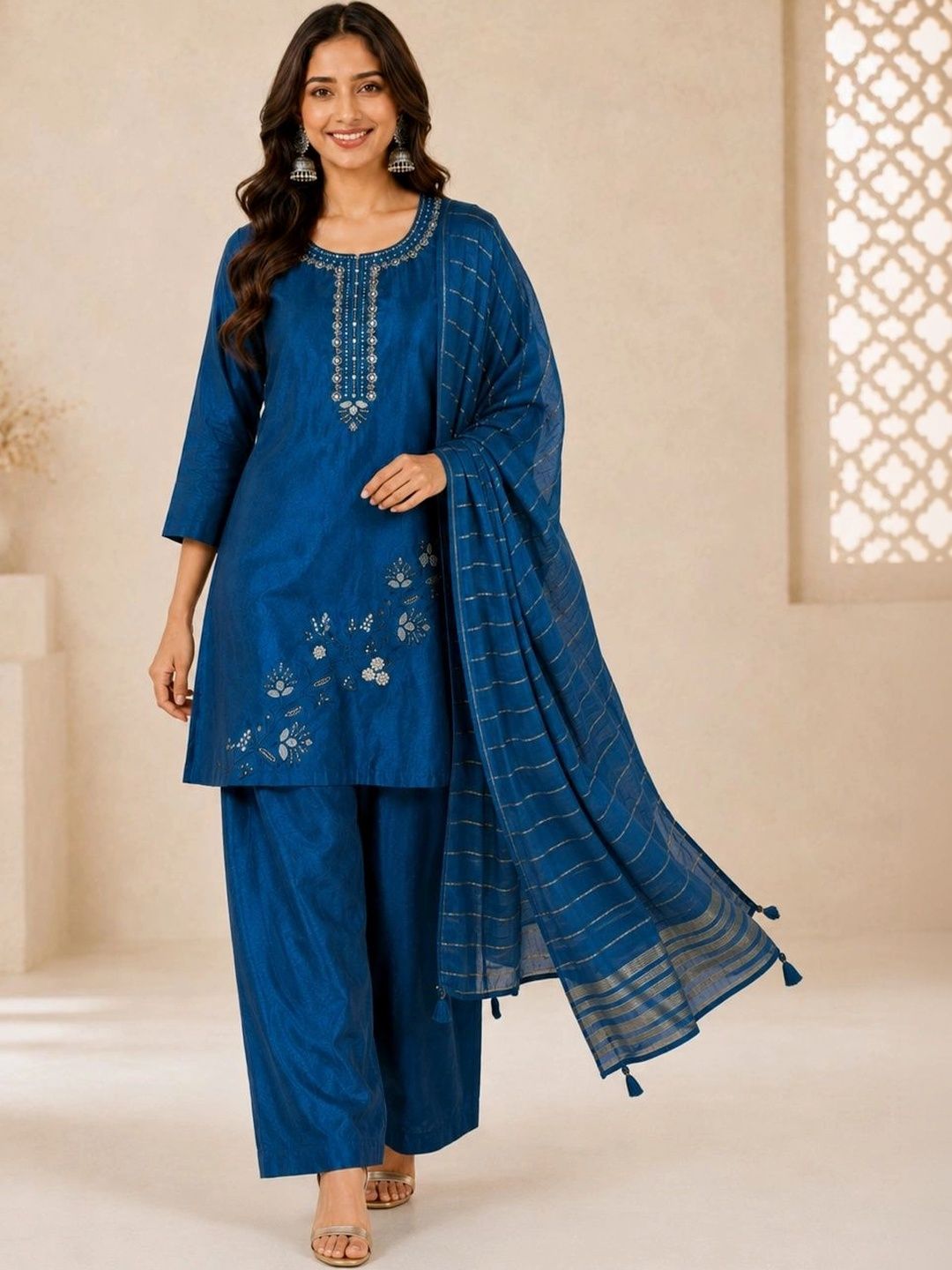 GHUNAWALI Women Ethnic Motifs Embroidered Regular Thread Work Kurta with Palazzos & With Dupatta-picture-34