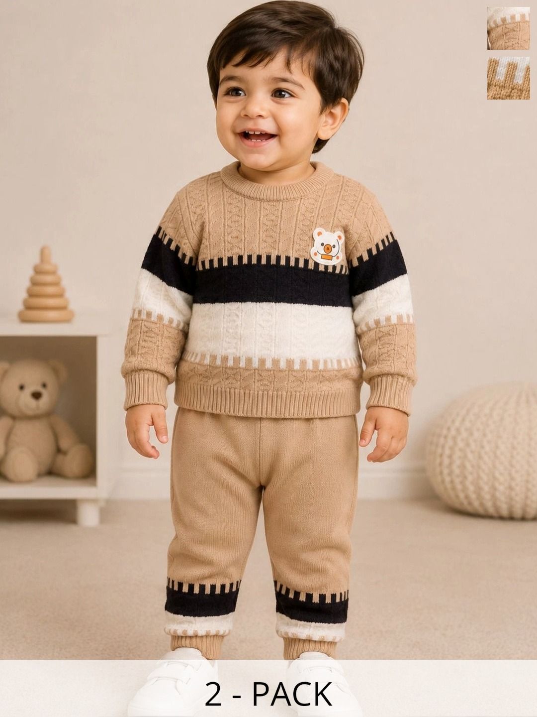 MICROPOLO Unisex Kids Cable Knit Colourblocked Woollen Pullover with Applique Detail-picture-29